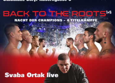 Der Werbebanner für die Back to the Roots 14 Kampfsportveranstaltung am 21.12.2019 in der Stadthalle in Steyr.