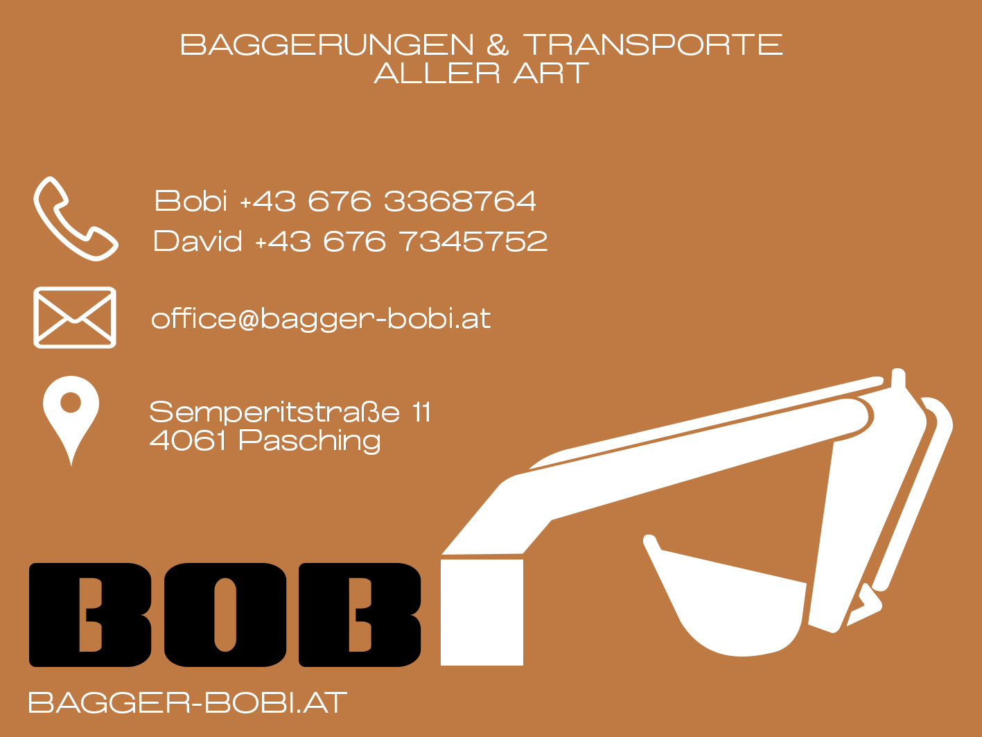 Das Logo von der Firma Bagger-Bobi. Baggerungen und Transporte aller Art.